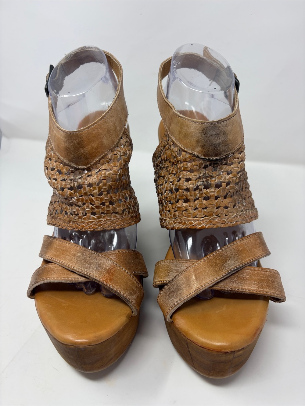 BED|STU Woven Dark Camel Leather Platform Sandals Size 10 Excellent Condition